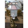Image 1 : Brass 2 Light Lamp w/Floral Motif Glass Panel Shade