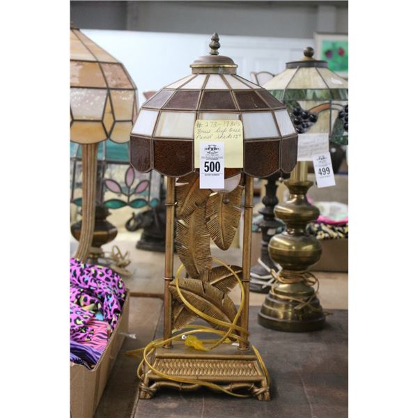 Brass Leaf Base 2 Light Lamp w/Brown Glass Panel Shade