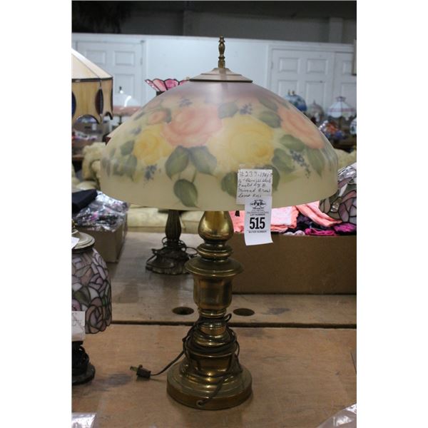 Brass Lamp w/Reversed Painted Floral Glass Shade