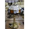 Image 1 : Brass 2 Light Lamp w/Tiffany Style Tulip Leaded Glass Shade