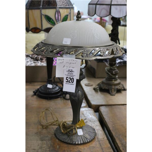 Ornate Bronze Style Cast Lamp w/Art Glass Shade