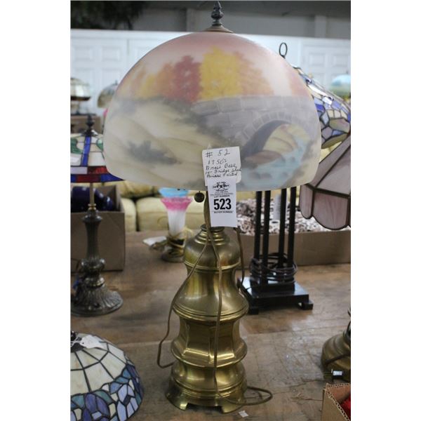 Brass Lamp w/Reversed Painted Bridge Motif Glass Shade