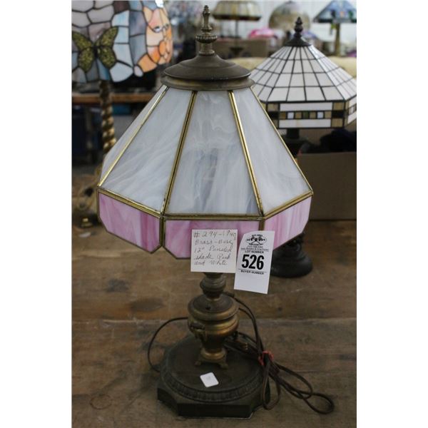 Brass Cast Urn Style Lamp w/Pink/White Glass Panel Shade