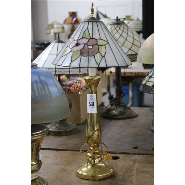 Brass Lamp w/Floral Leaded Glass Shade