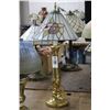 Image 1 : Brass Lamp w/Floral Leaded Glass Shade