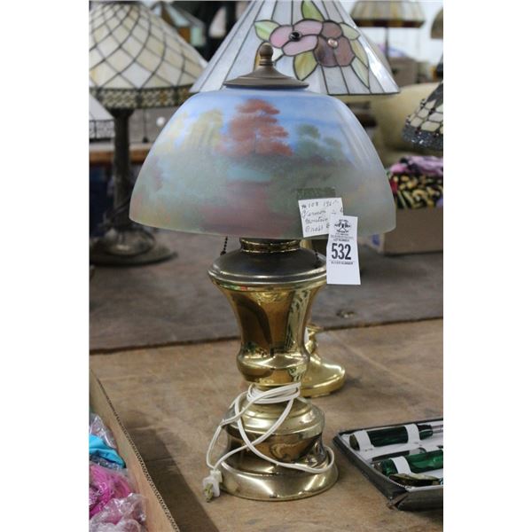 Brass Lamp w/Reversed Painted Mountain Scene Glass Shade