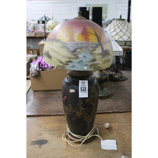 Oriental Base Lamp w/Reversed Painted Bridge Scene Glass Shade