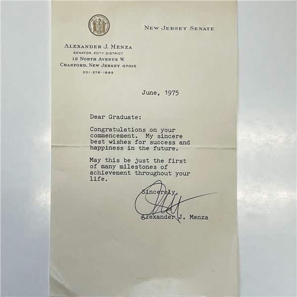 American Politician Alexander J. Menza signed letter