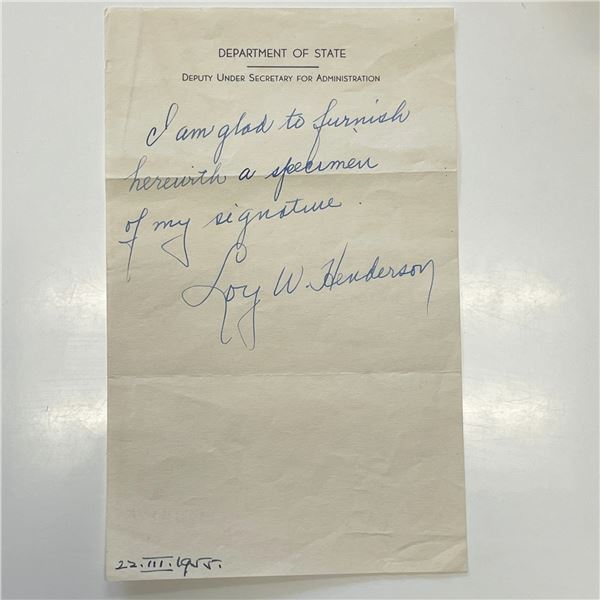 Former United States Minister to Iraq Loy W. Henderson signed note