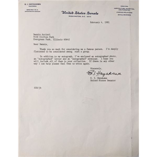 US Senator S.I. Hayakawa signed letter