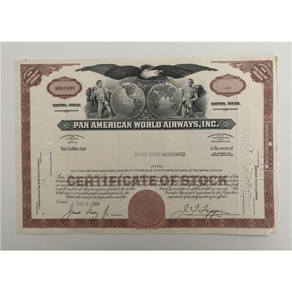 Pan American World Airways, INC Five Shares Certificate of Stock