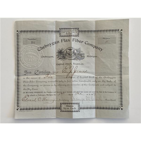 Cheboygan Flax Fiber Company signed certificate