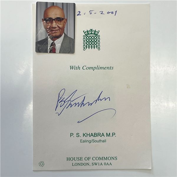 British Labour politician Piara Khabra signed note with photo