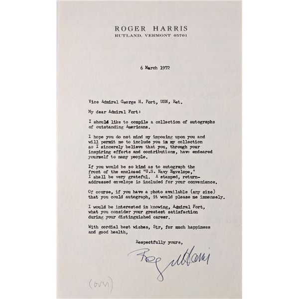 WW2 military Roger Harris signed letter