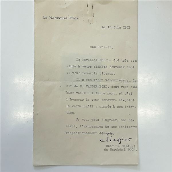 Maréchal Foch Private Secretary signed 1919 letter