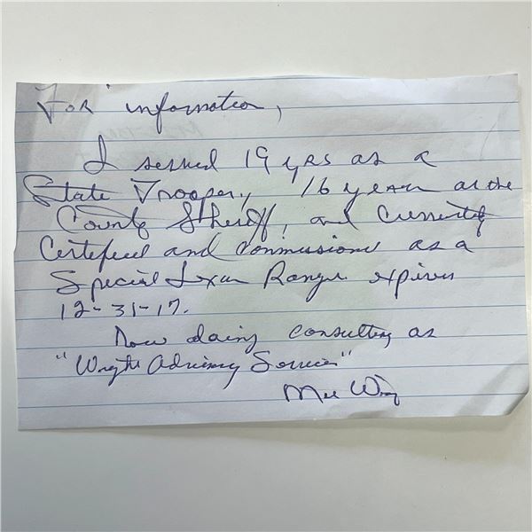 JFK assassination Sheriff Milton Wright signed note