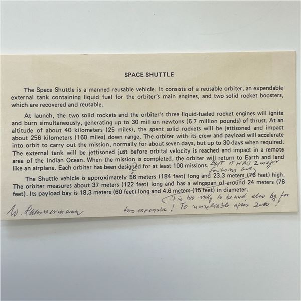 W. Pressernan signed Space Shuttle card