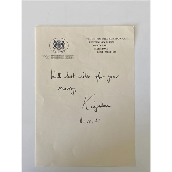 Thomas Pemberton Leigh, 1st Baron Kingsdown signed note