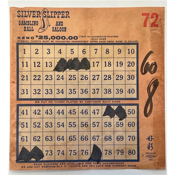 Silver Slipper Keno card