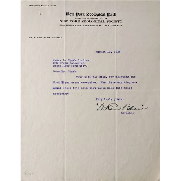 Zoologist William Reid Blair signed letter