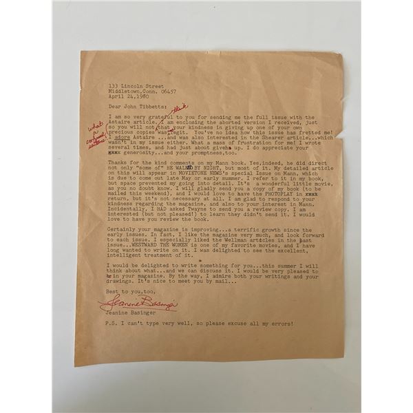 Professor Jeanine Basinger signed typed letter