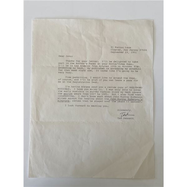 Author Ted Sennett signed typed letter