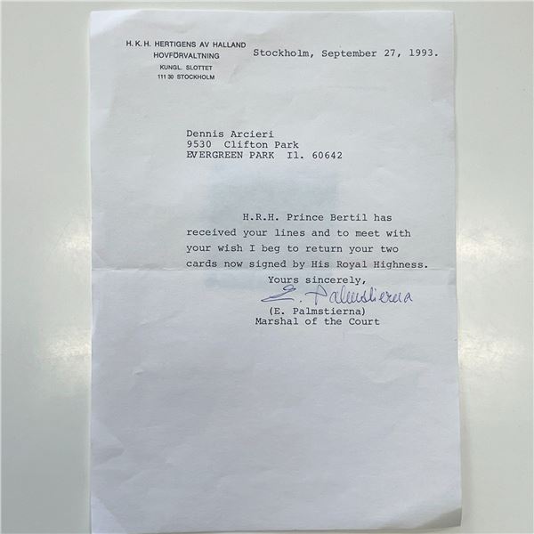 Swedish Politician Erik Palmstierna signed letter on behalf of H.R.H Prince Bertil