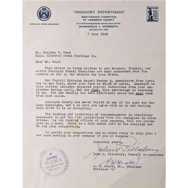 Minnesota Treasury Department John Sargent Pillsbury & A. H. Hiatt, Jr. signed letter