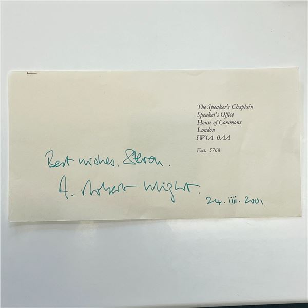 Chaplain to the Speaker of the House of Commons Robert Wright signed note