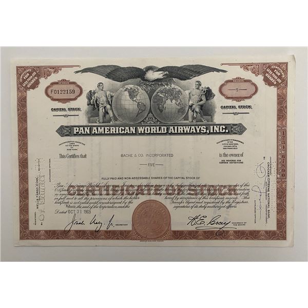 Pan American World Airways, INC Five Shares Certificate of Stock