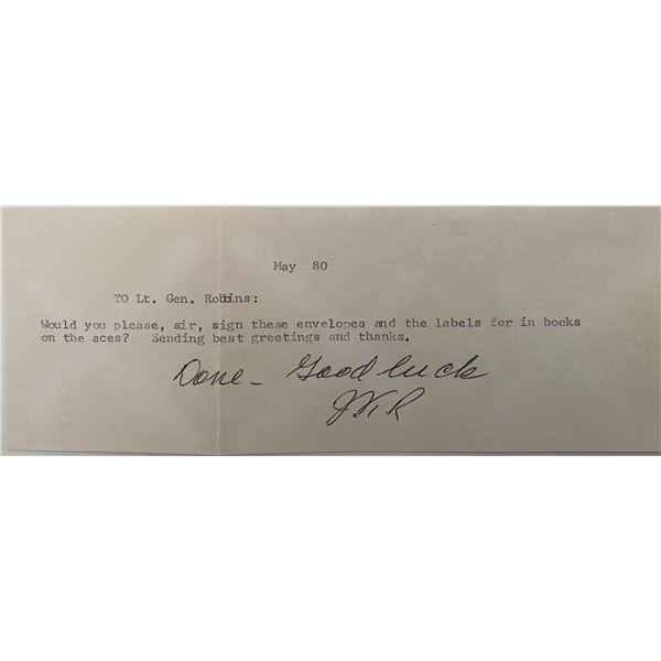 WWII Lt. Gen. Jay T. Robbins signed note