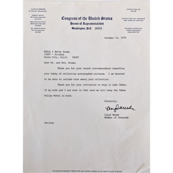 Congressman Edwin Lloyd Meeds signed letter