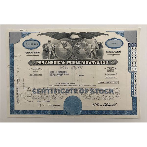 Pan American World Airways, INC Six Hundred Five Shares Certificate of Stock