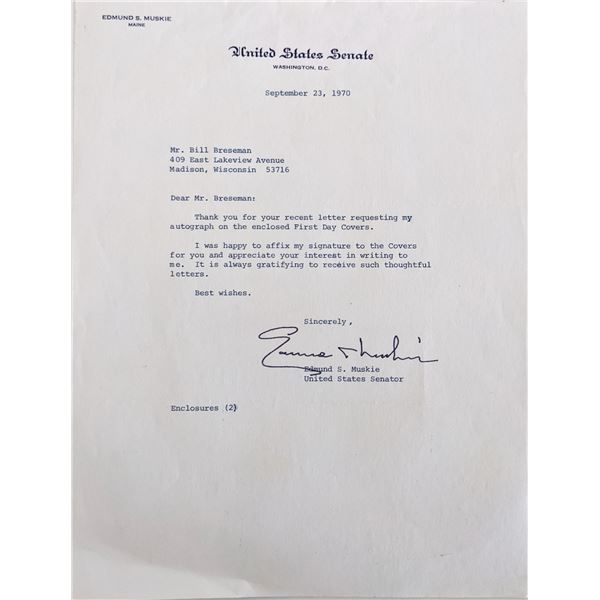 US Senator Edmund Sixtus Muskie signed letter