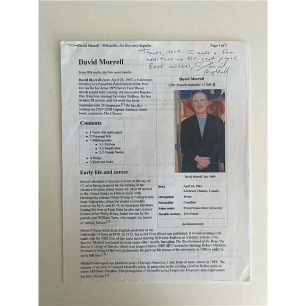 Best-selling  Rambo author David Morrell signed printed bio