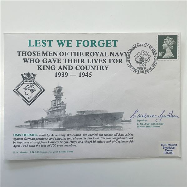 WWII Royal Navy HMS Hermes Survivor E. Nelson Girtchen signed Commemorative Cover