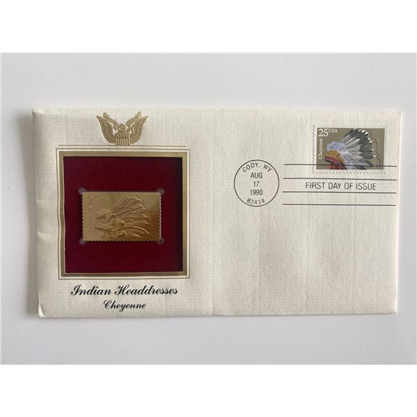 Indian Headdresses Cheyenne Gold Stamp Replica First Day Cover