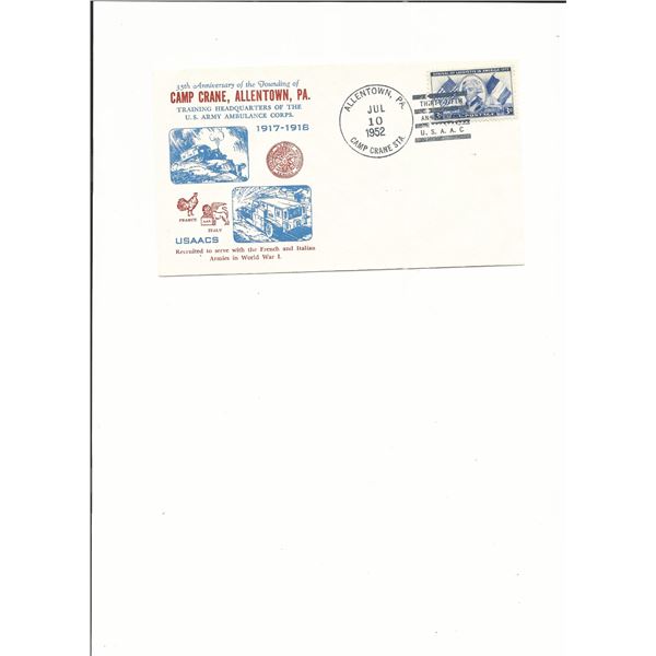 35th Anniversary Camp Crane - Allentown, PA - First Day Cover - 1952 - U.S. Army Ambulance Corps.