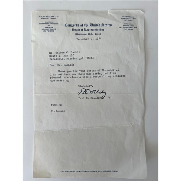 House of Representatives Pete McCloskey signed letter