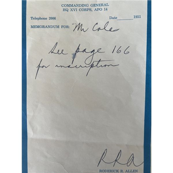 Major General Roderick R. Allen signed note
