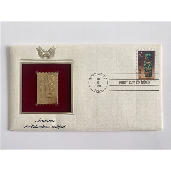 America Pre-Colombian Artifact Gold Stamp Replica First Day Cover