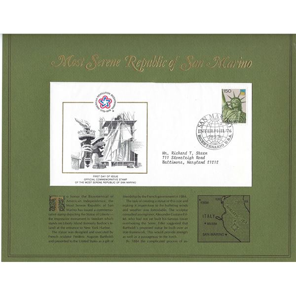 Most Serene Republic of San Marino - American Bicentennial Commemorative FDC