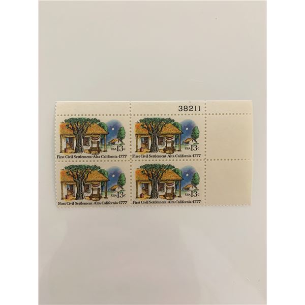 1977 13c First Civil Settlement: Alta, California Plate Block of Stamps