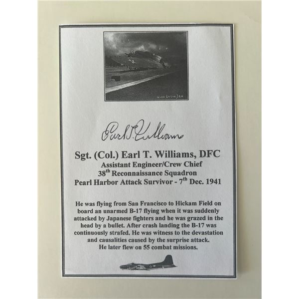 Pearl Harbor survivor Earl T. Williams original signature