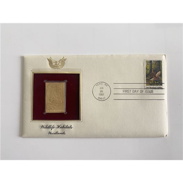 Wildlife Habitats Woodlands Gold Stamp Replica First Day Cover