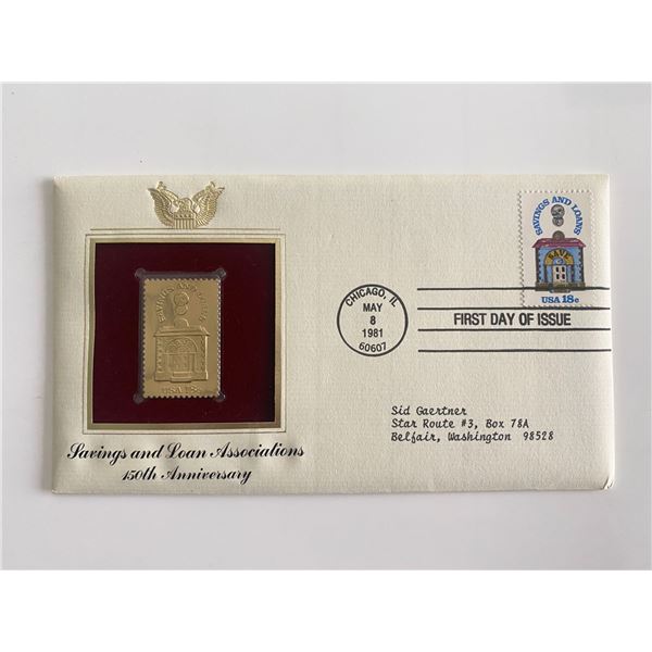 Savings and Loans Associations 150th Anniversary Gold Stamp Replica First Day Cover