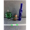 Image 1 : Green Glass Footed Candy Dish with Lid, Candle Holder and Cobalt Glass Bottle