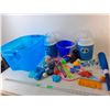 Image 1 : Blue Plastic Tote- No Lid, (2) Drink Coolers, (4) Swim Goggles, Misc.