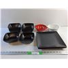 Image 1 : (2) Square Dining Plates, (8) Black Ceramic Bowls, Strainer and Corning Ware Dish