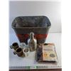 Image 1 : Liquor Decanter, Vinyl Grill Cover, Mugs and Plastic Tote 19" x 13" x 13" - Pick Up